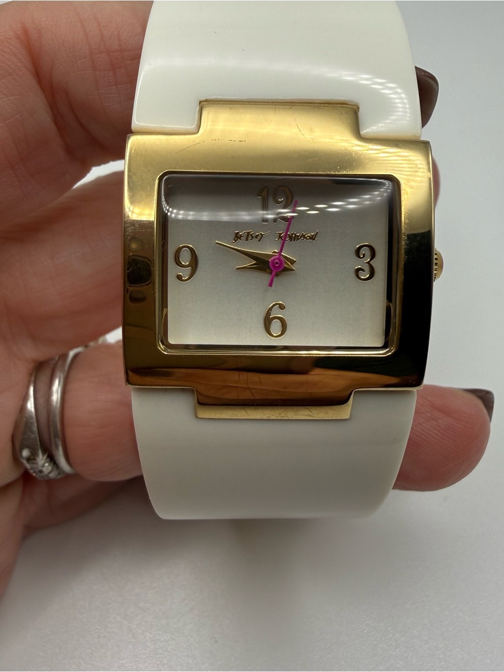Betsey Johnson White and Gold Square Dial Silicone Watch with Pink Second Hand